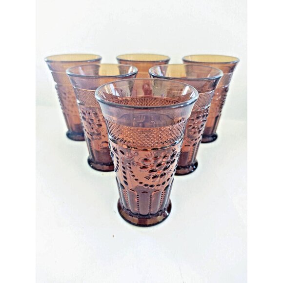 Vintage Amber Glass Tumblers Berries & Lattice Pattern 4 1/4" Tall (set of 6) - Picture 1 of 12